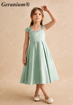Geranium Elegant Pearl-Beaded Sage Green Satin Flower Girl Dress - Pleated A-Line Princess Party Gown for Kids KD-211