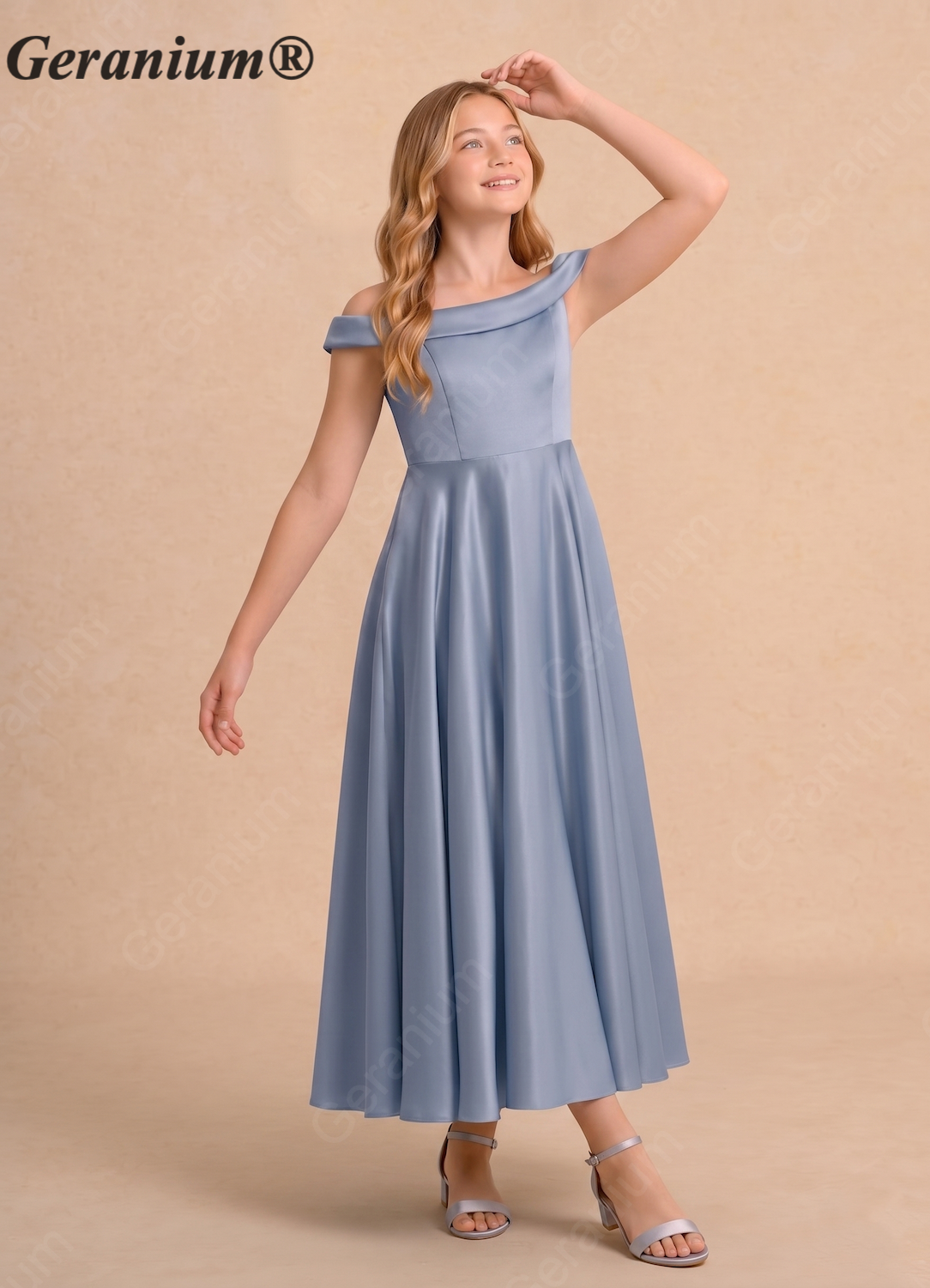 Geranium Junior Off Shoulder Satin A-Line Flower Girl Dress Dusty Blue Tea Length Wedding Party Dress for Girls KD-60 Secondary image