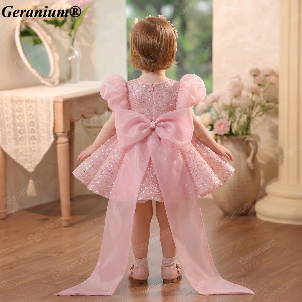 Geranium Sparkling Pink Sequin Toddler Princess Tutu Dress - Puffy Sleeves with Grand Back Bow & Streamers - Birthday & Flower Girl Gown KD-48