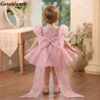 Geranium Sparkling Pink Sequin Toddler Princess Tutu Dress - Puffy Sleeves with Grand Back Bow & Streamers - Birthday & Flower Girl Gown KD-48