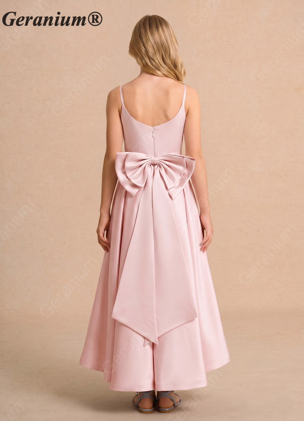 Geranium Elegant Satin High-Low Flower Girl Dress with Oversized Back Bow - Pleated Bodice KD-266