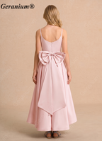 Geranium Elegant Satin High-Low Flower Girl Dress with Oversized Back Bow - Pleated Bodice KD-266