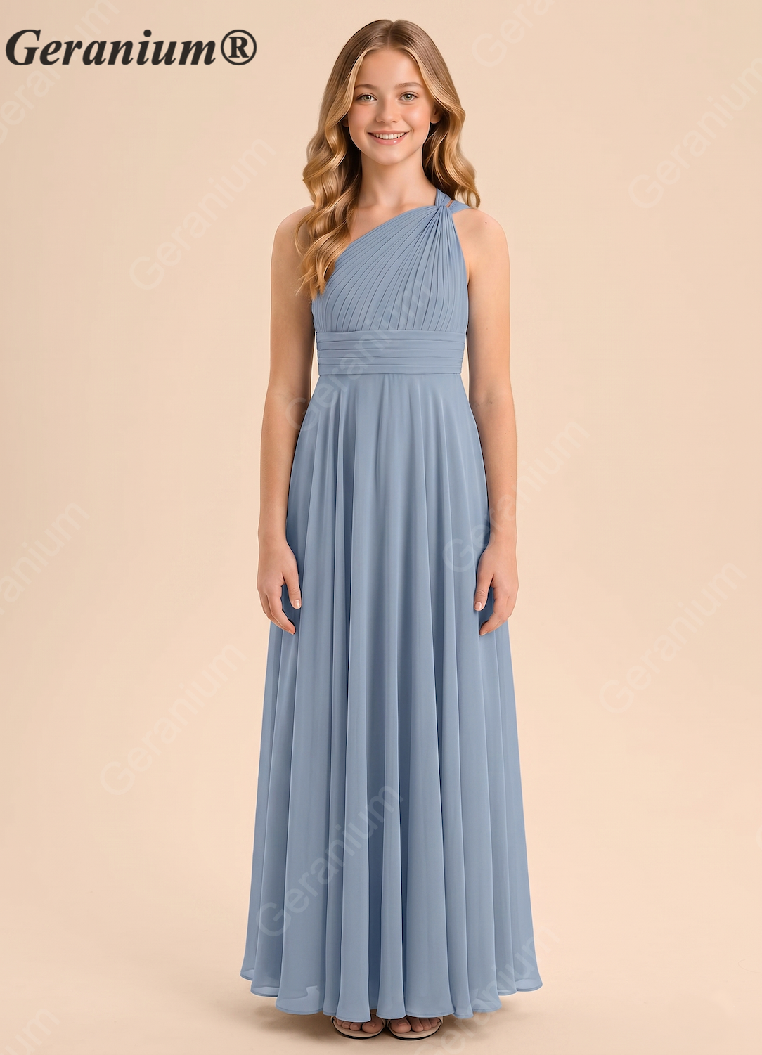Geranium Dusty Blue One-Shoulder Chiffon Junior Bridesmaid Dress with Pleated Bodice – KD-79 Image principale du produit