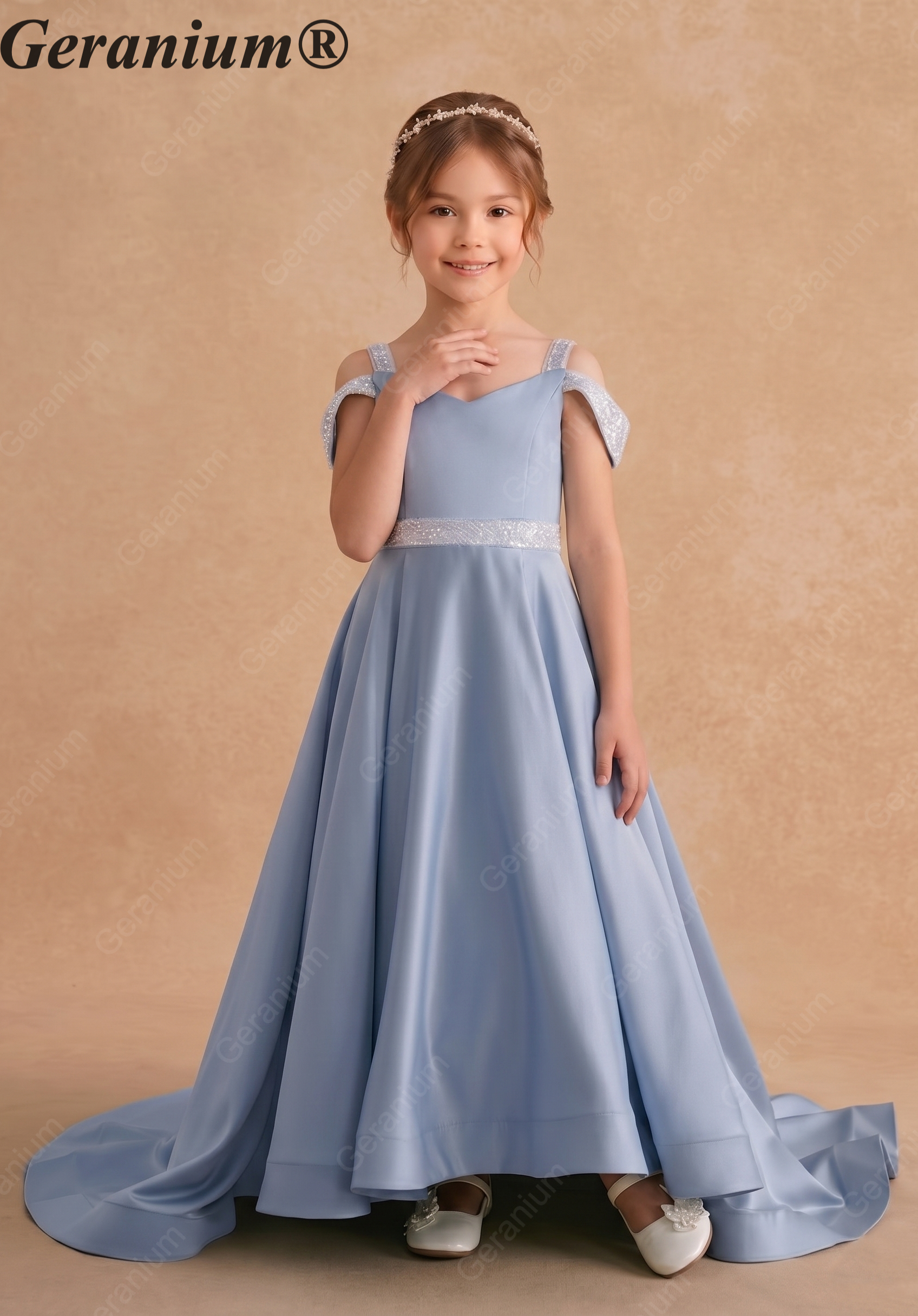 Geranium Ice Blue Satin Cold-Shoulder Flower Girl Dress with Sequin Waist & Long Train KD-263