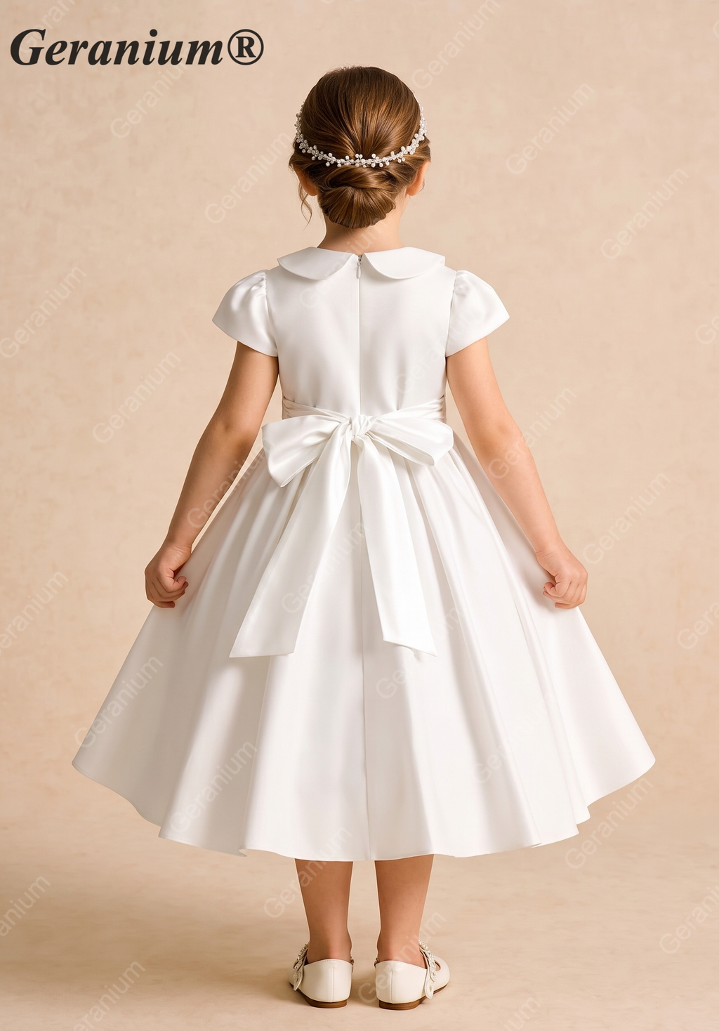 Geranium Elegant White Satin A-Line Flower Girl Dress - Peter Pan Collar Short Sleeve Party Gown with Oversized Back Bow KD-203