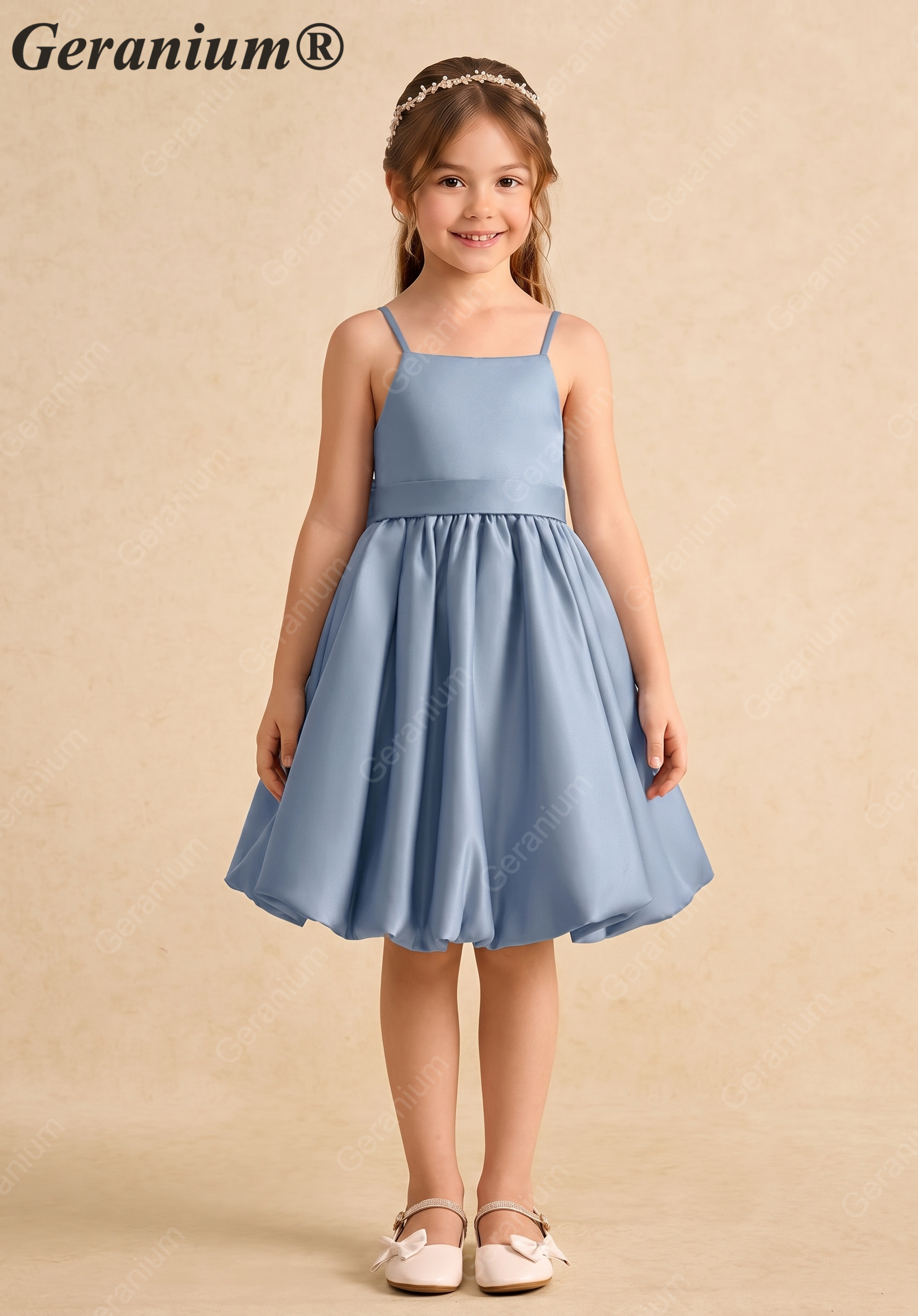 Geranium Elegant Dusty Blue Satin Flower Girl Dress - Spaghetti Strap Bubble Hem Party Gown with Oversized Back Bow KD-273 Main image