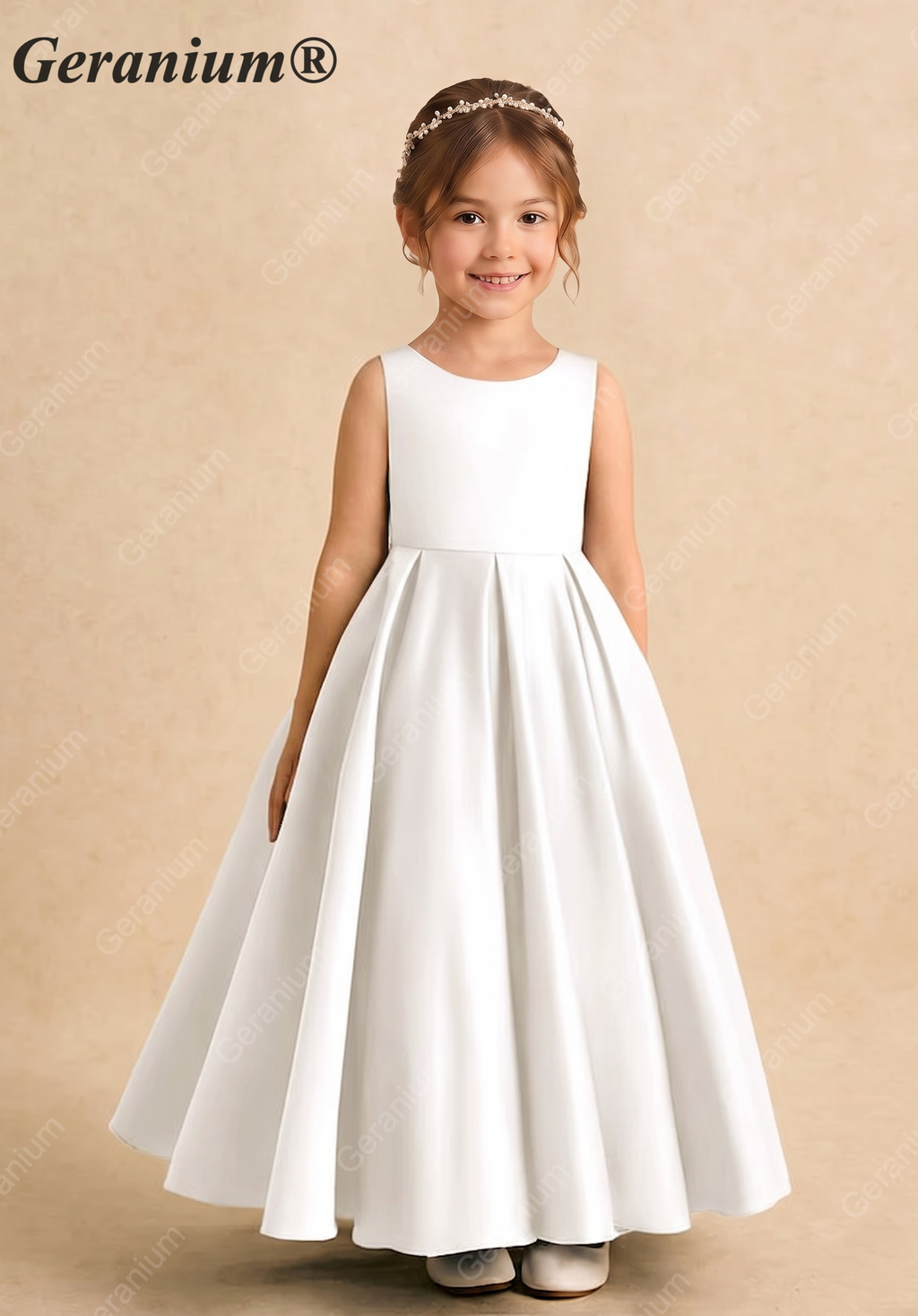 Geranium Elegant Minimalist Satin Flower Girl Dress: Open V-Back with Bow & Pleated A-Line Skirt KD-197