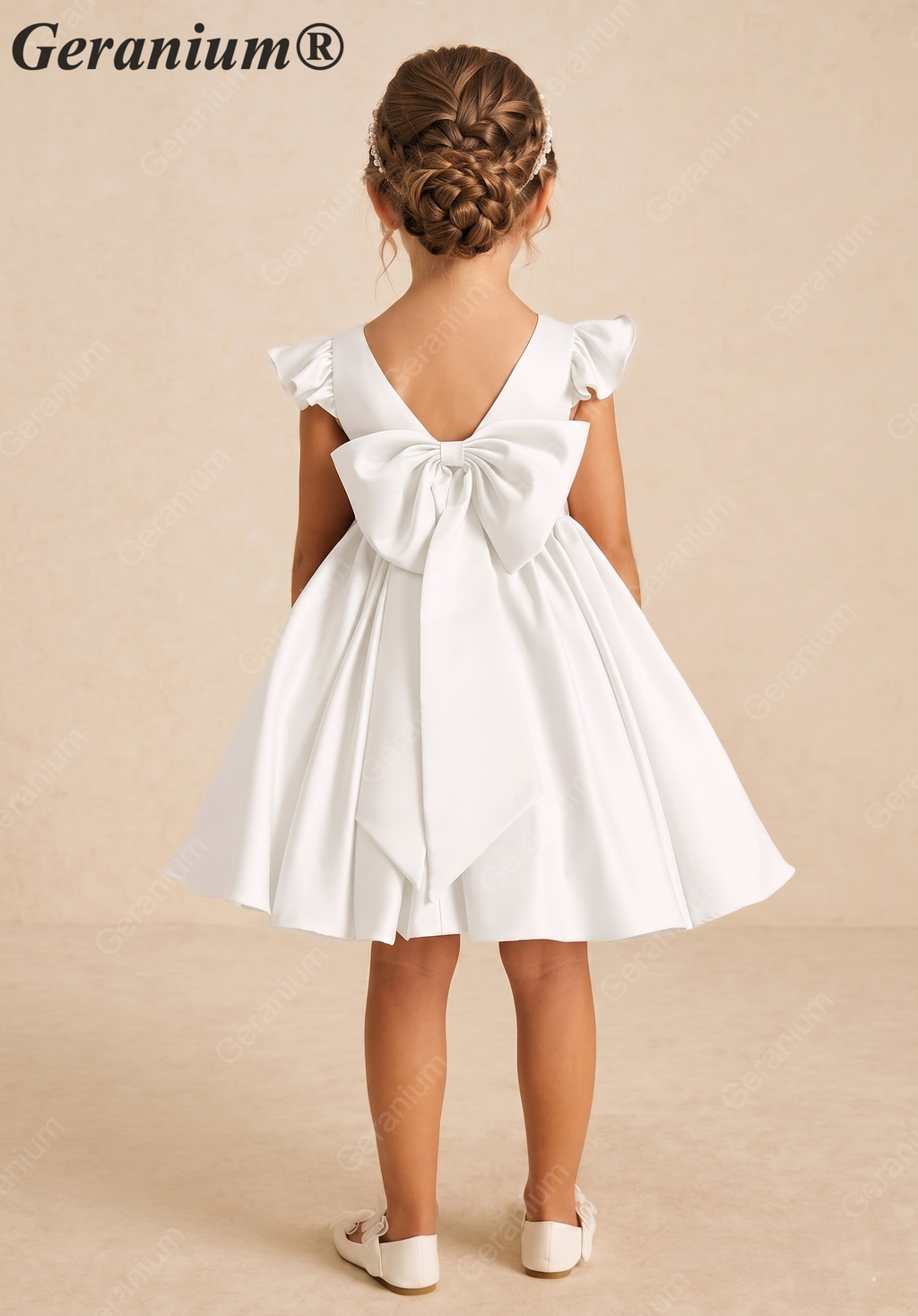 Geranium Elegant Flutter Sleeve Satin Flower Girl Dress with Oversized Back Bow - Ball Gown for Weddings & Communtions KD-280