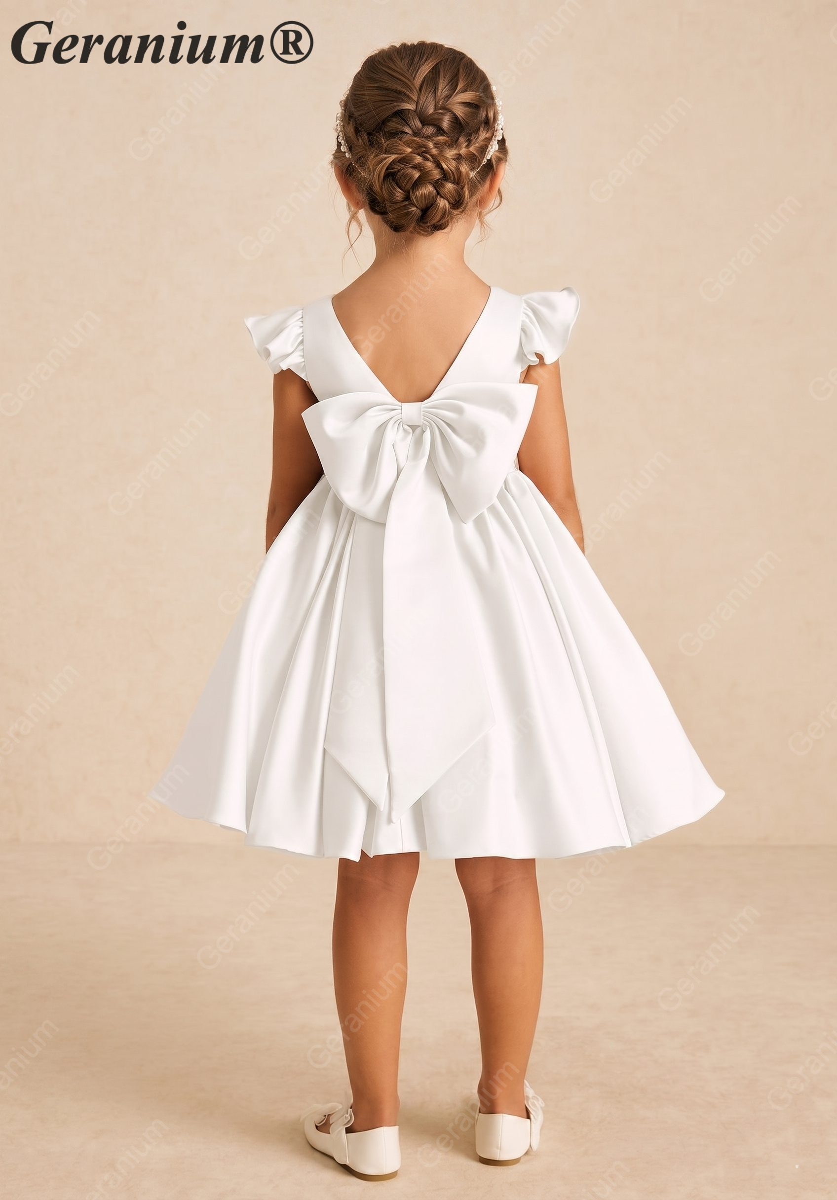 Geranium Elegant Flutter Sleeve Satin Flower Girl Dress with Oversized Back Bow - Ball Gown for Weddings & Communtions KD-280