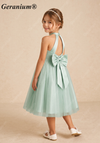 Geranium Elegant Sage Green Halter Flower Girl Dress with Statement Bow Back & Tulle Skirt KD-205