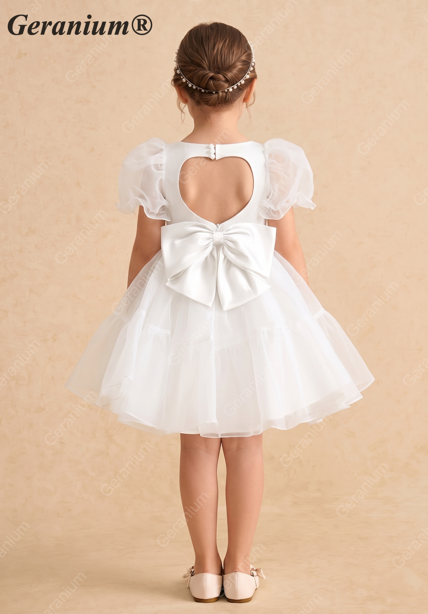 Geranium Heart Back Puff Sleeve Flower Girl Dress - Elegant Tulle Princess Party Gown KD-294
