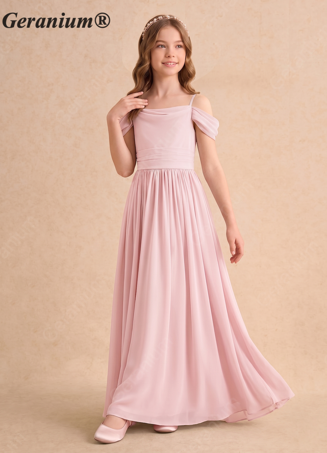 Geranium Elegant Blush Pink Chiffon Cold-Shoulder Junior Bridesmaid Dress with Draped Back KD-171 Secondary image
