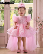 Geranium Sparkling Butterfly Sequined Toddler Formal Dress - Ethereal Feather Sleeve Birthday Gown with Oversized Back Bow KD-362