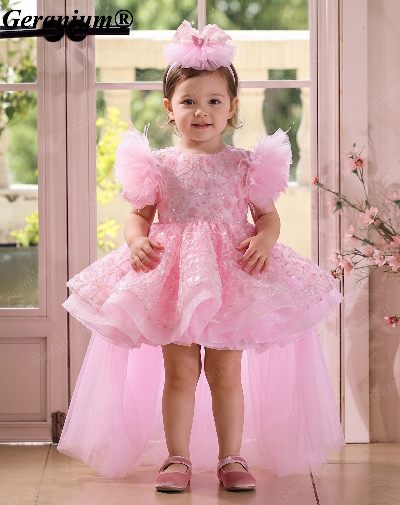 Geranium Sparkling Butterfly Sequined Toddler Formal Dress - Ethereal Feather Sleeve Birthday Gown with Oversized Back Bow KD-362