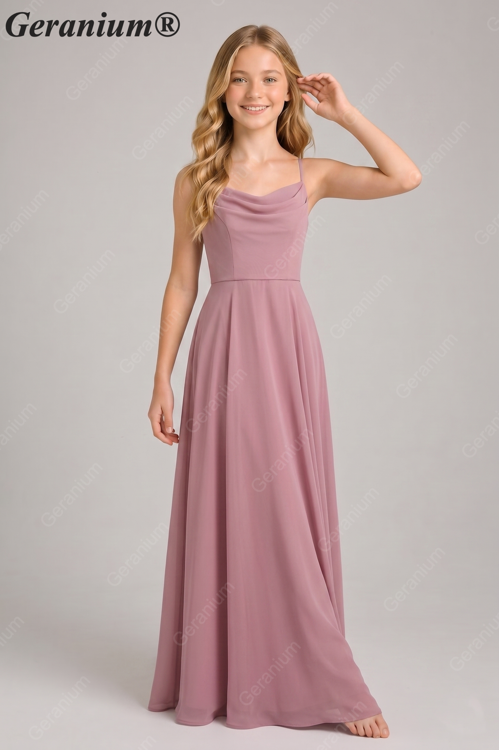 Geranium Elegant Cowl Neck Chiffon Junior Bridesmaid Dress with Spaghetti Straps KD-329