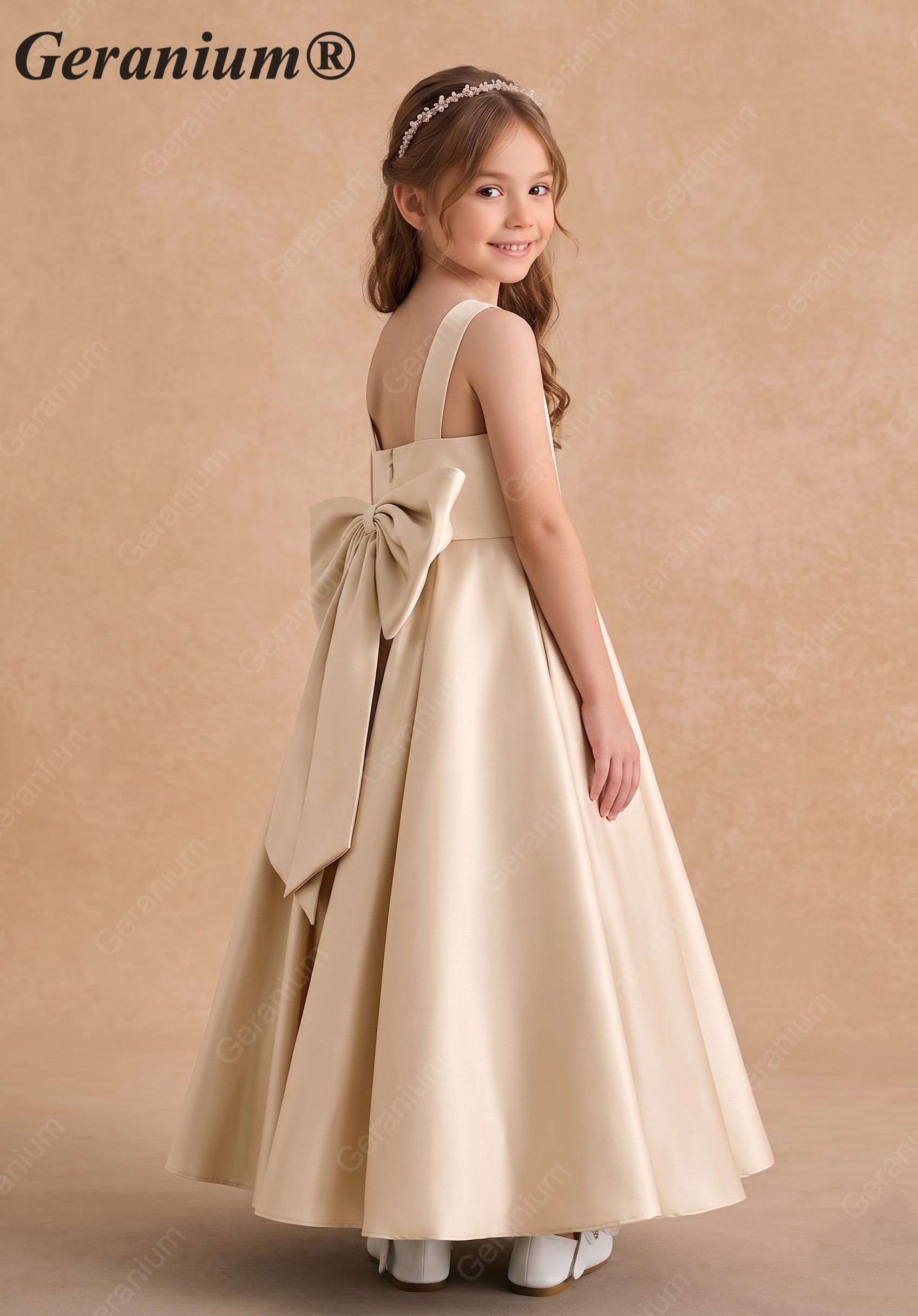 Geranium Elegant Champagne Satin Flower Girl Dress - Sleeveless A-Line Party Gown with Oversized Detachable Bow KD-220