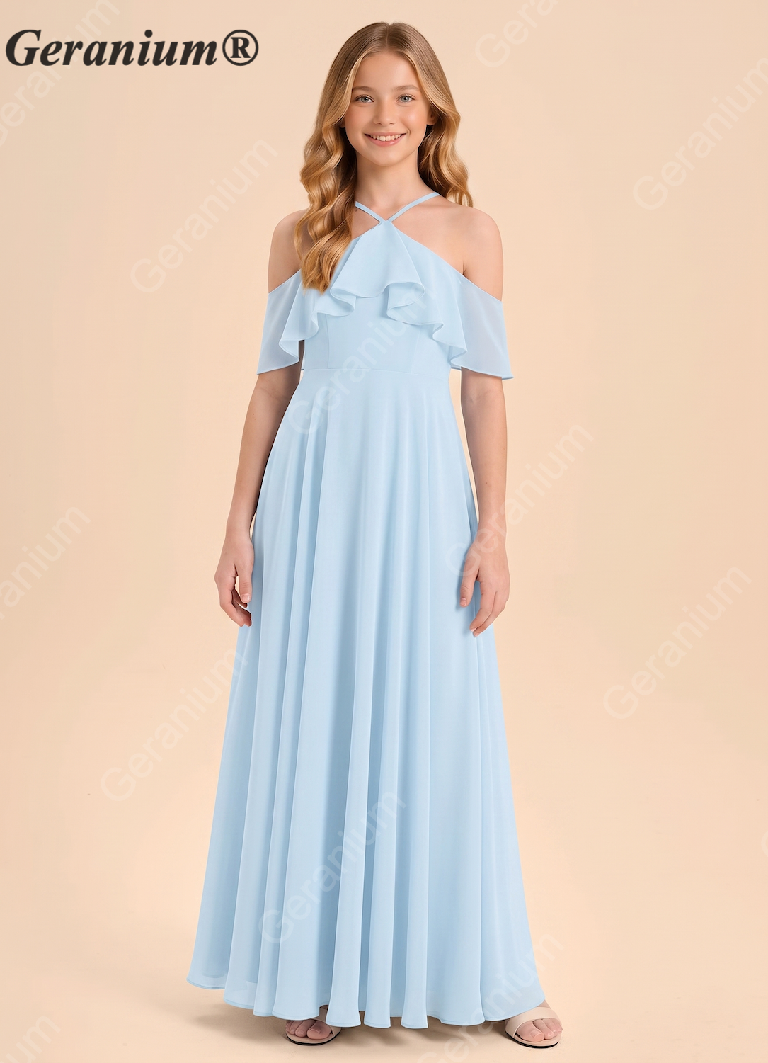 Geranium Cold-Shoulder Chiffon Bridesmaid Gown: Ruffled Halter Neckline, A-Line Floor-Length KD-175 Main image