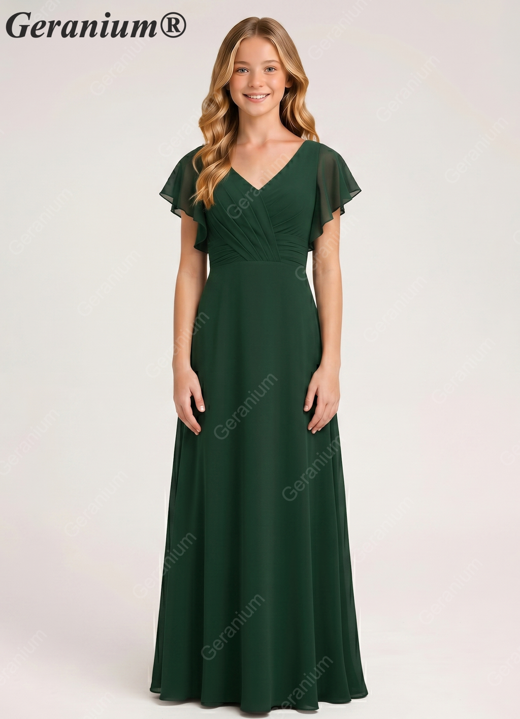 Geranium Elegant V-Neck Flutter Sleeve Chiffon Junior Bridesmaid Dress Long KD-320