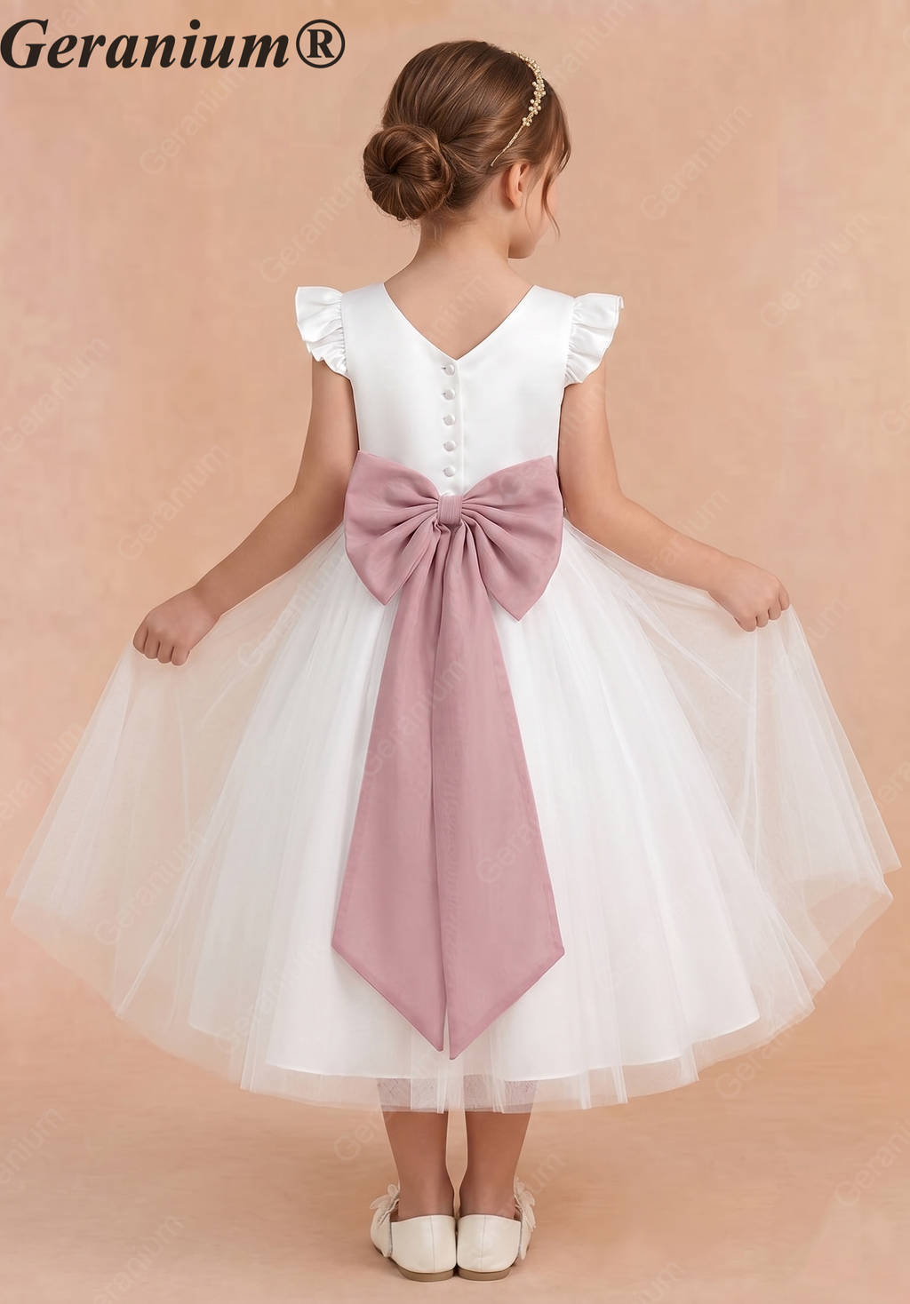 Geranium Elegant White Flower Girl Dress - Ruffle Cap Sleeve Tulle A-Line Party Gown with Optional Mauve Sash KD-272