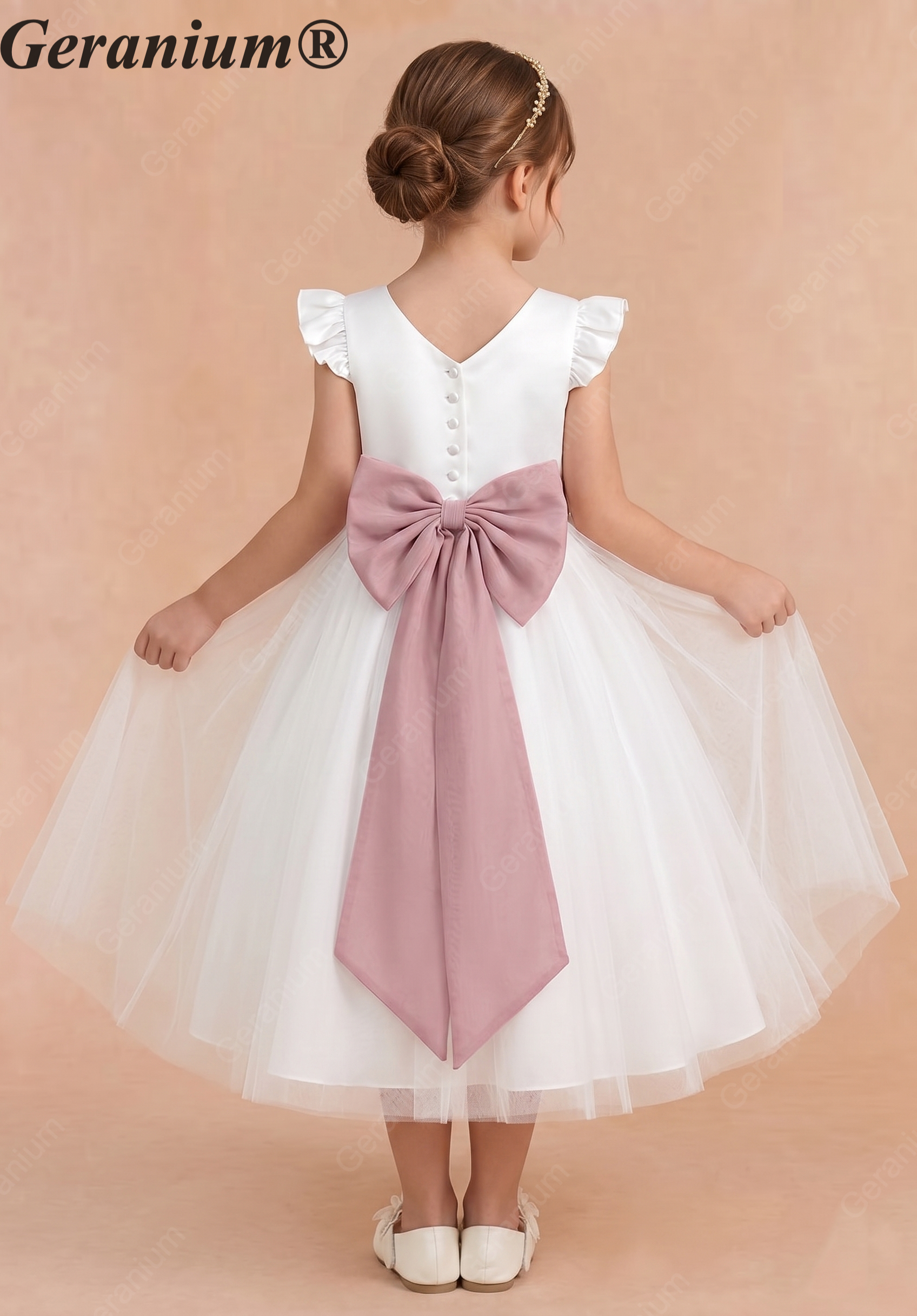 Geranium Elegant White Flower Girl Dress - Ruffle Cap Sleeve Tulle A-Line Party Gown with Optional Mauve Sash KD-272