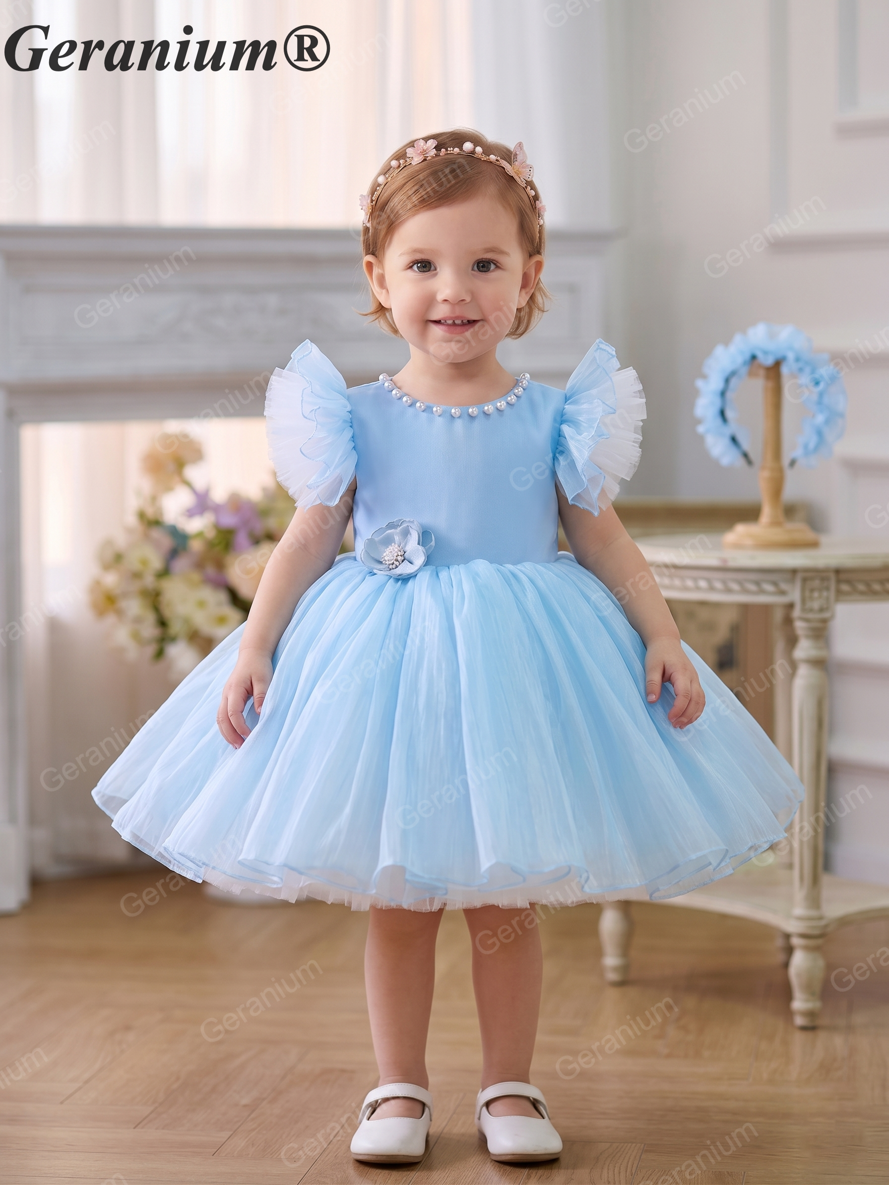 Geranium Toddler Girl Tulle Party Dress with Pearl Neckline and Ruffled Cap Sleeves - Perfect for Birthdays, Flower Girls, Formal Events KD-371