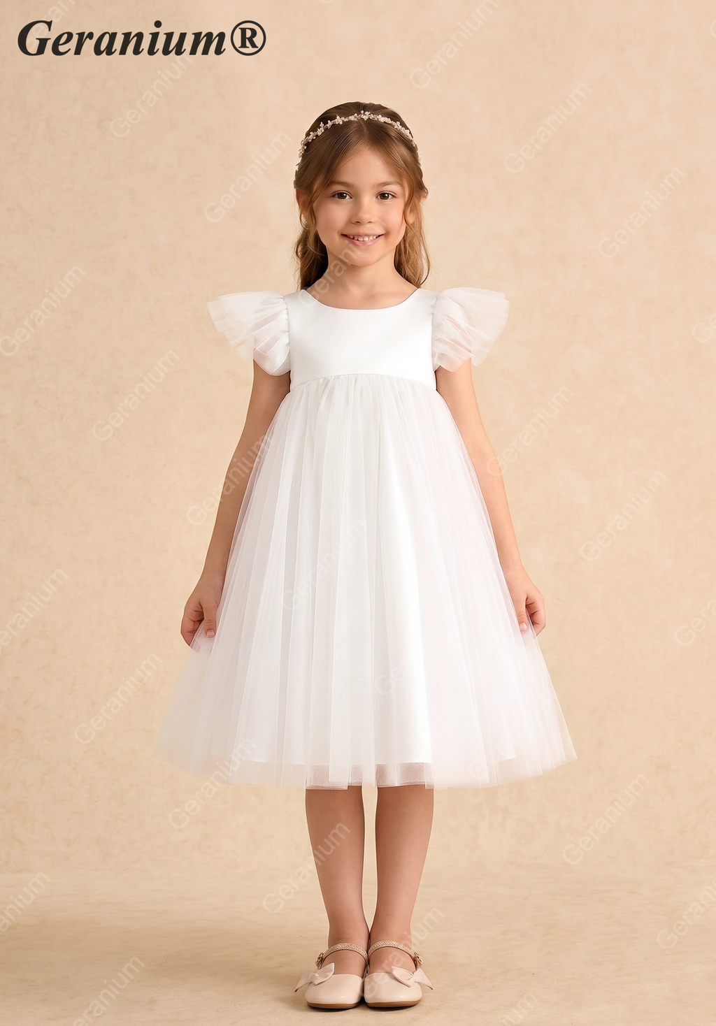 Geranium Elegant White Tulle Flower Girl Dress with Detachable Oversized Pink Back Bow - Flutter Sleeve Princess Gown KD-213