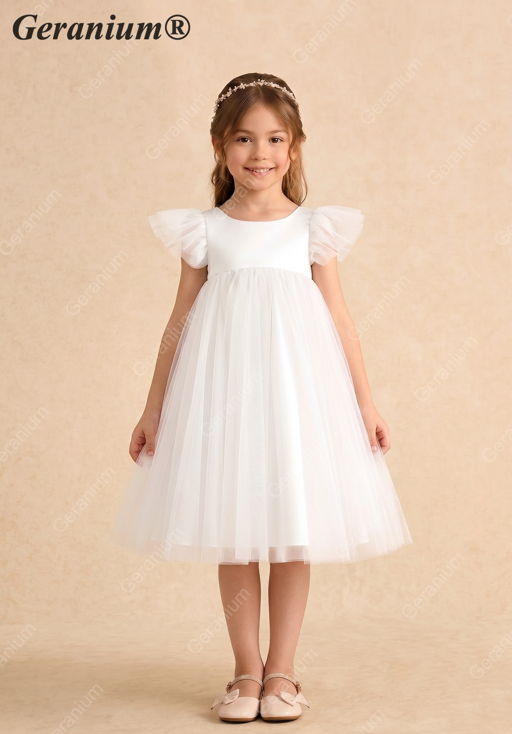Geranium Elegant White Tulle Flower Girl Dress with Detachable Oversized Pink Back Bow - Flutter Sleeve Princess Gown KD-213