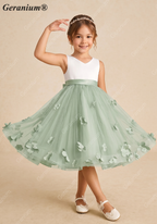Geranium Sage Green 3D Floral Applique Flower Girl Dress - Satin & Tulle Tulle Princess Party Gown with Bow KD-192