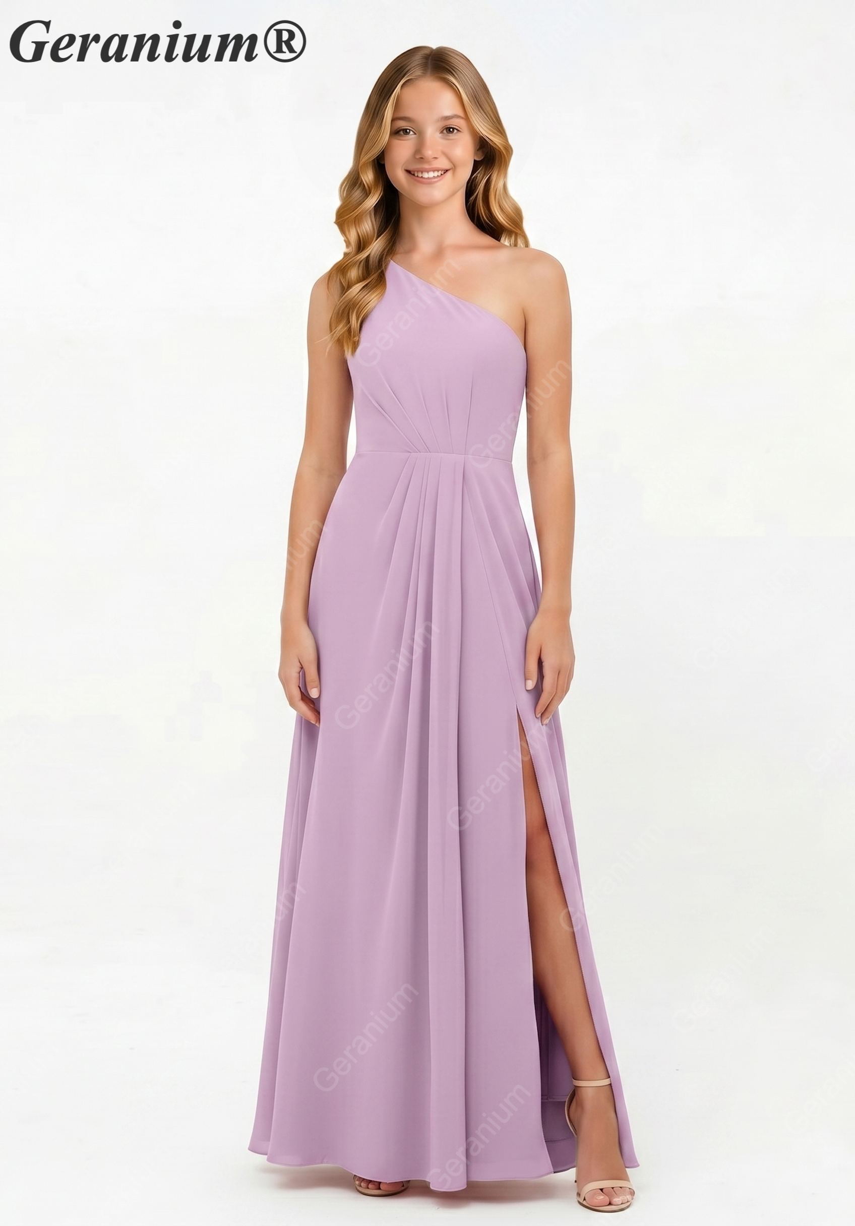 Geranium Lavender One Shoulder Pleated Chiffon Junior Bridesmaid Dress with Side Slit – KD-317 Main image