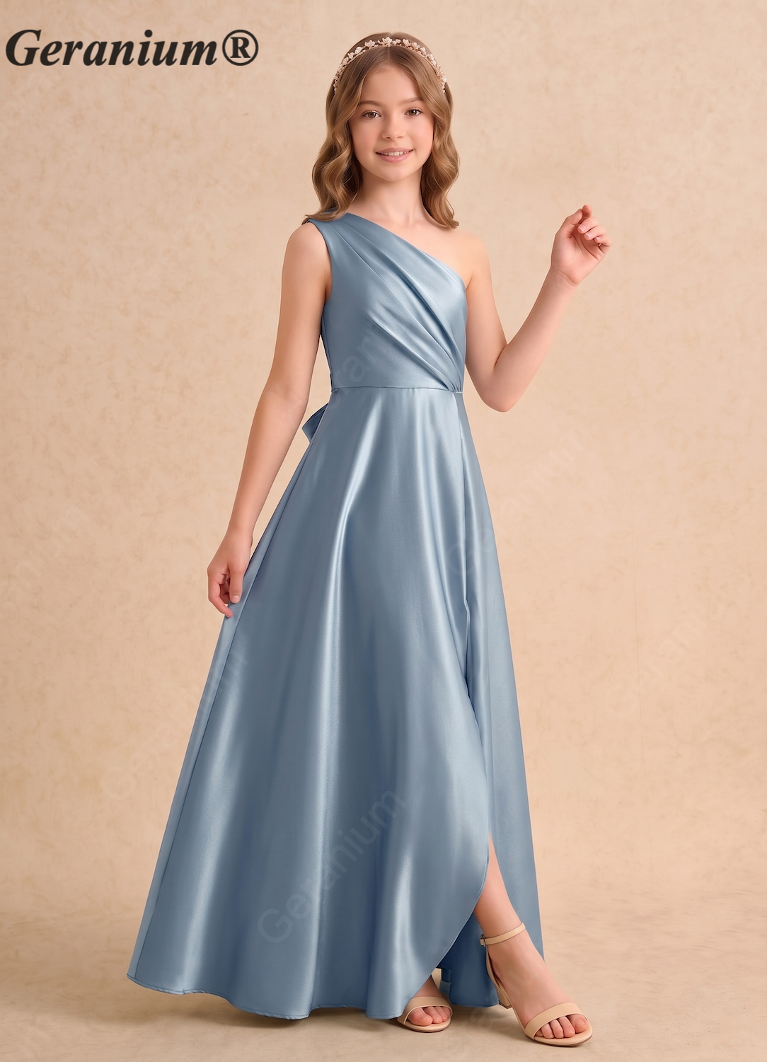 Geranium One Shoulder Satin Bridesmaid Dress with Side Drape & Waist Tie – Floor Length A-Line Formal Gown KD-160