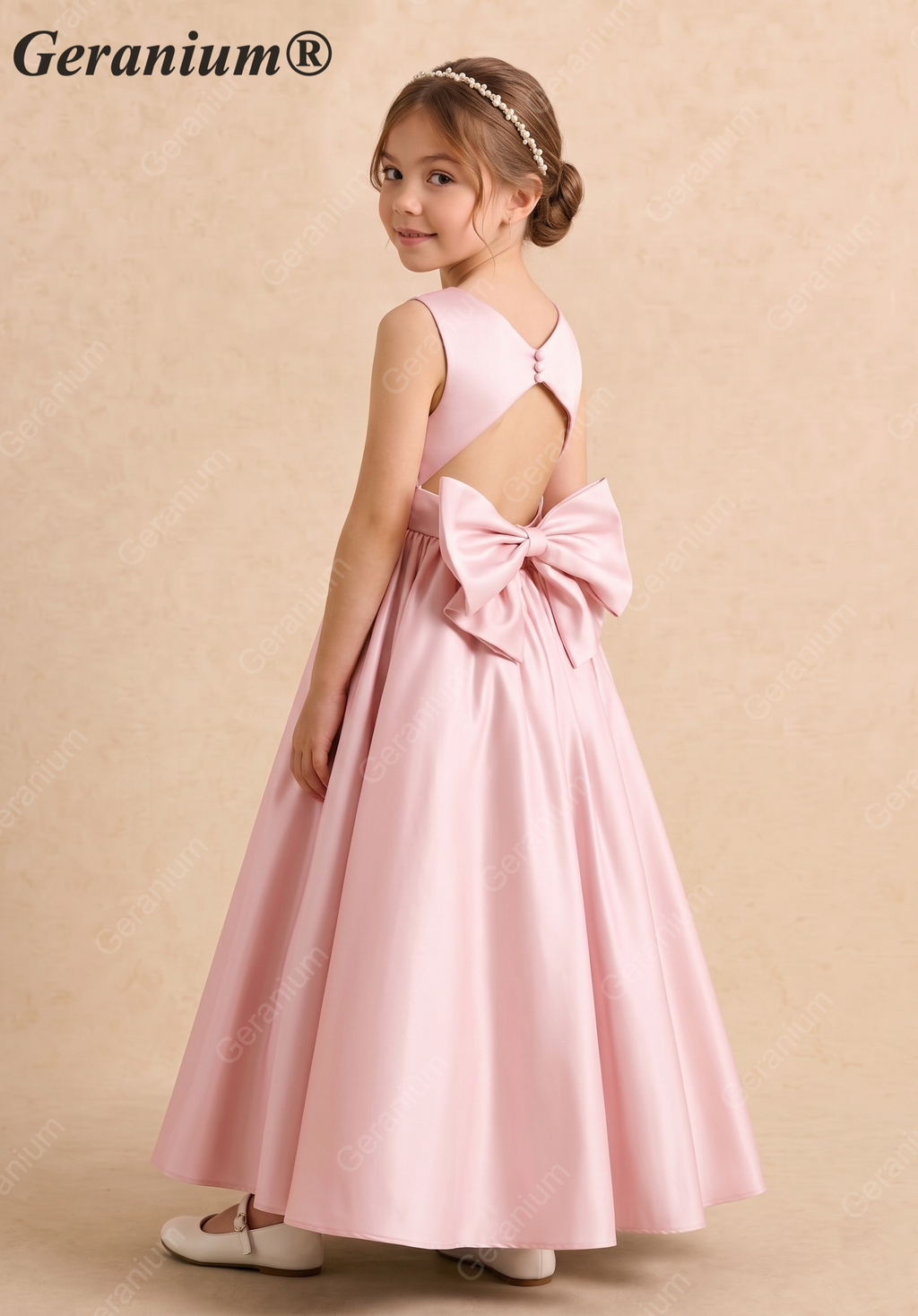 Geranium Girl’s Pink Satin Ballgown Flower Girl Dress, Open Back with Big Bow and Crystal Button, Sleeveless Floor-Length Gown for Wedding Guest & Formal Party KD-271