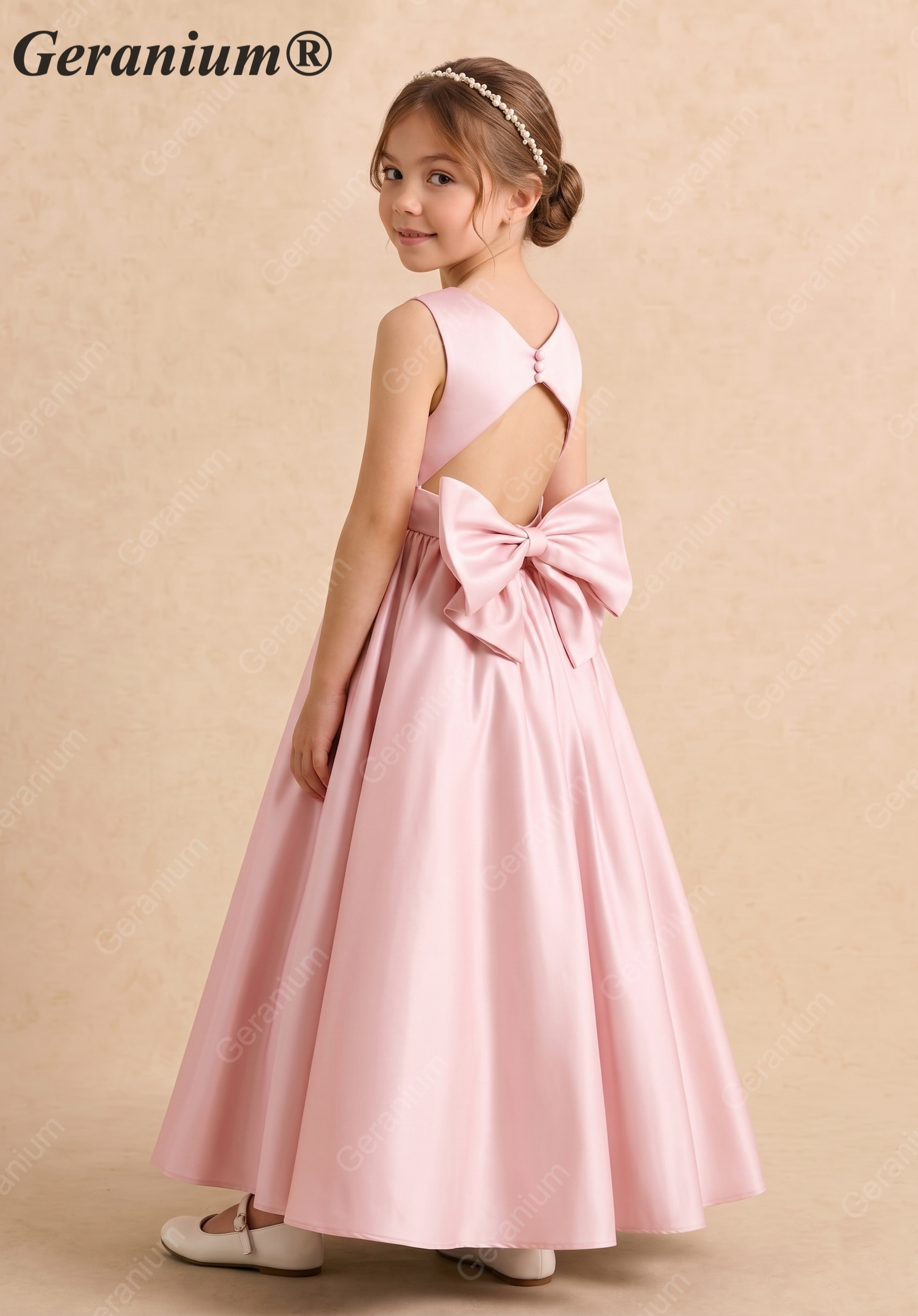 Geranium Girl’s Pink Satin Ballgown Flower Girl Dress, Open Back with Big Bow and Crystal Button, Sleeveless Floor-Length Gown for Wedding Guest & Formal Party KD-271