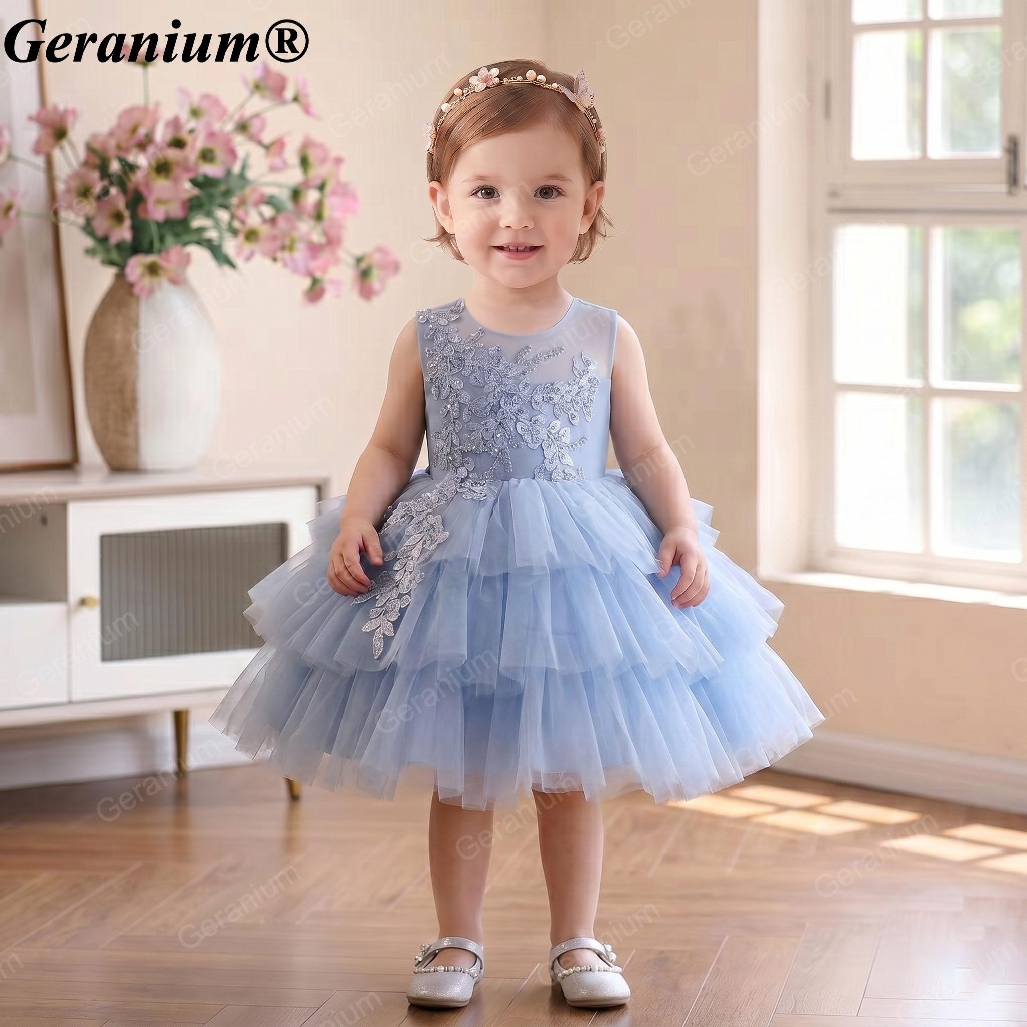 Geranium Elegant Sky Blue Tulle Flower Girl Dress - Ruffled Tiered Lace Party Gown for Toddlers & Infants KD-49