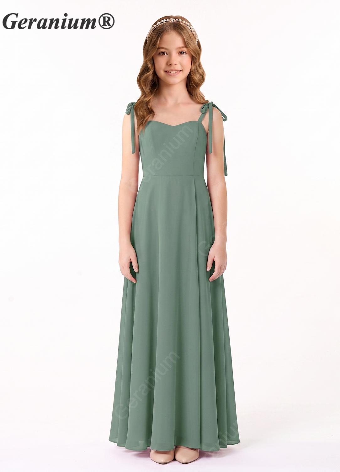 Geranium Sage Green Tie-Strap A-Line Bridesmaid Dress with Sweetheart Neckline & Side Slit KD-156 Main image