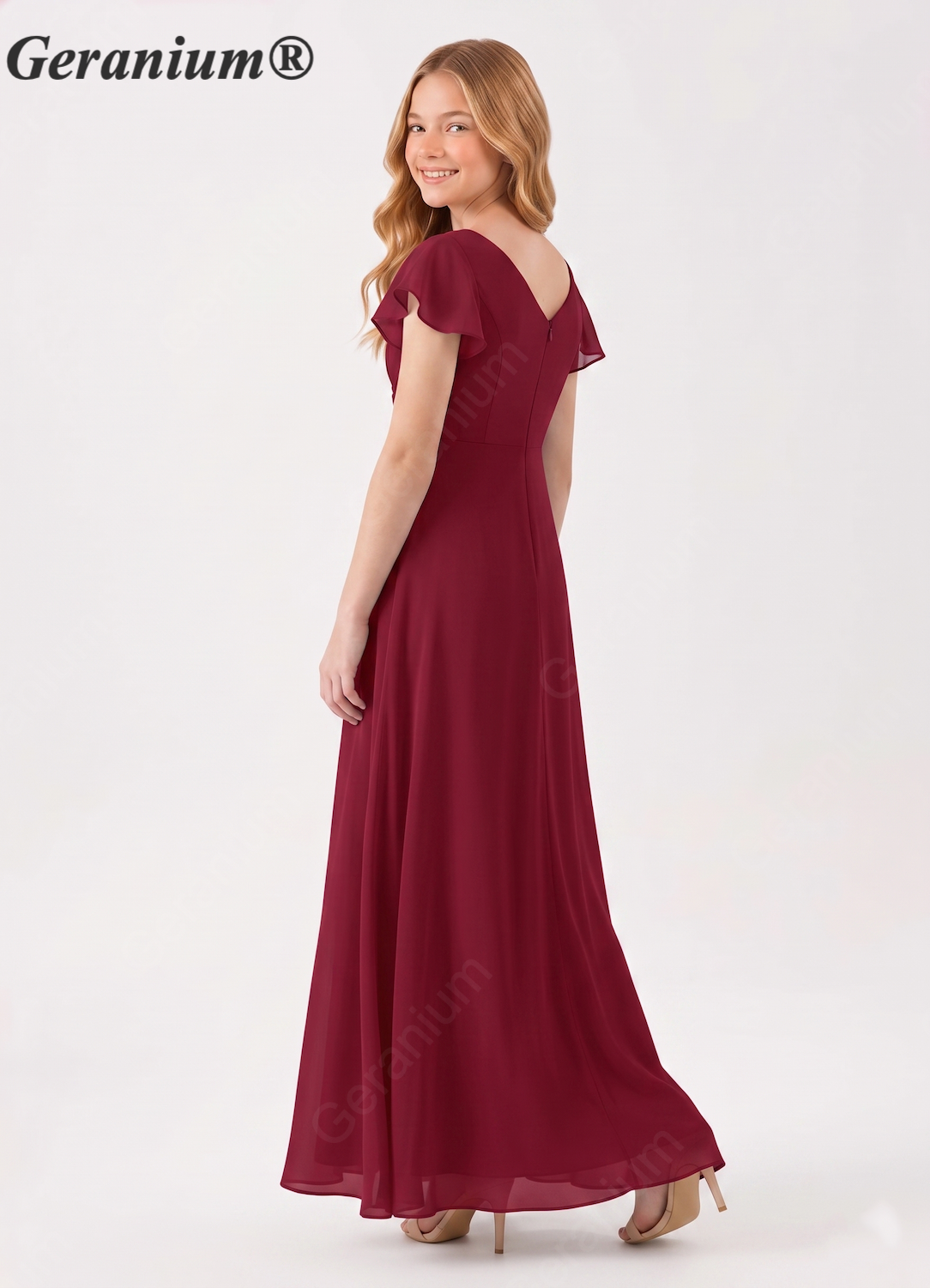 Geranium V-Neck High-Low Chiffon Junior Bridesmaid Dress with Flutter Sleeves – KD-61 Secondary image