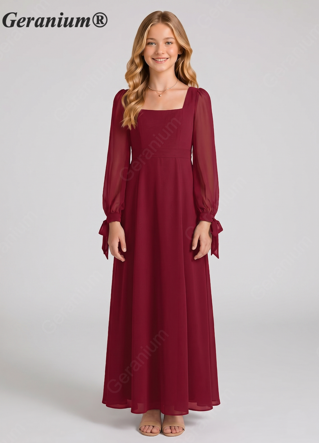 Geranium Elegant Square Neck Long Sleeve Chiffon Junior Bridesmaid Dress with Bow KD-86