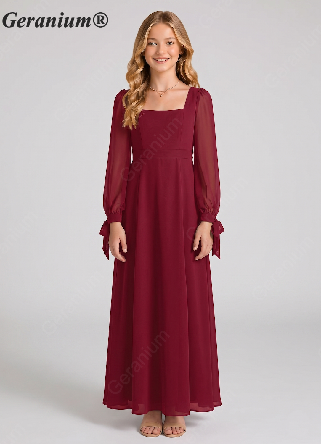 Geranium Elegant Square Neck Long Sleeve Chiffon Junior Bridesmaid Dress with Bow KD-86