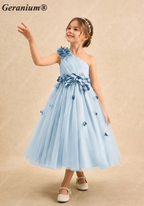 Geranium Light Blue One-Shoulder Flower Girl Dress with 3D Petal Accents & Tulle Skirt KD-253