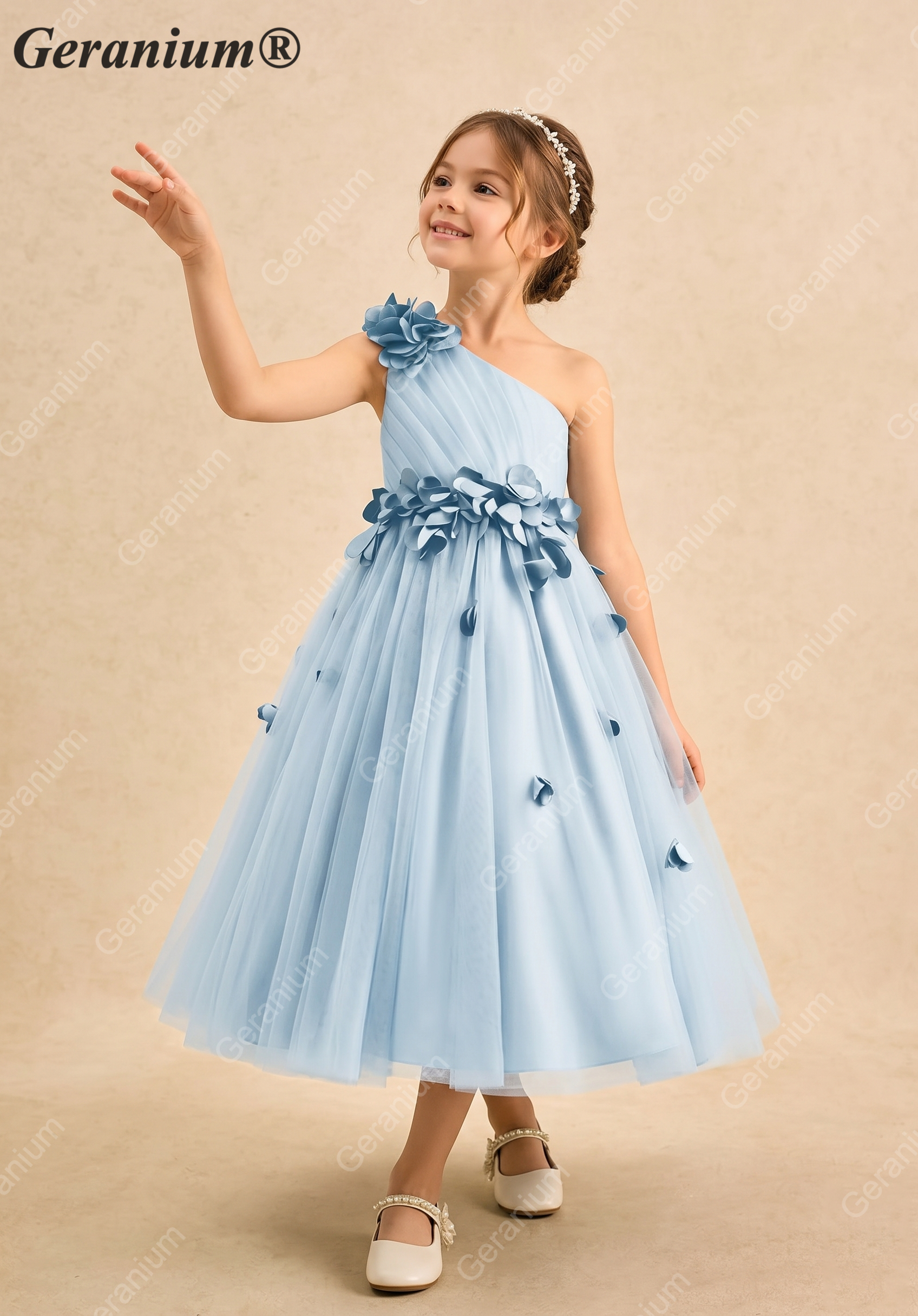 Geranium Light Blue One-Shoulder Flower Girl Dress with 3D Petal Accents & Tulle Skirt KD-253