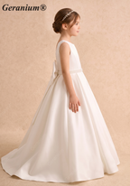 Gearanium Elegant Pearl Belt Satin Flower Girl Dress with Oversized Back Bow - Sleeveless A-Line Communion Gown KD-290