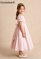 Geranium Elegant Puff Sleeve Satin Flower Girl Dress with Back Bow - Pink Formal Party Gown for Kids KD-254