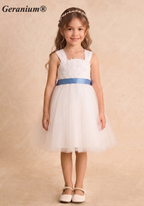 Geranium Floral Lace Tulle Flower Girl Dress with Removable Oversized Back Bow KD-281