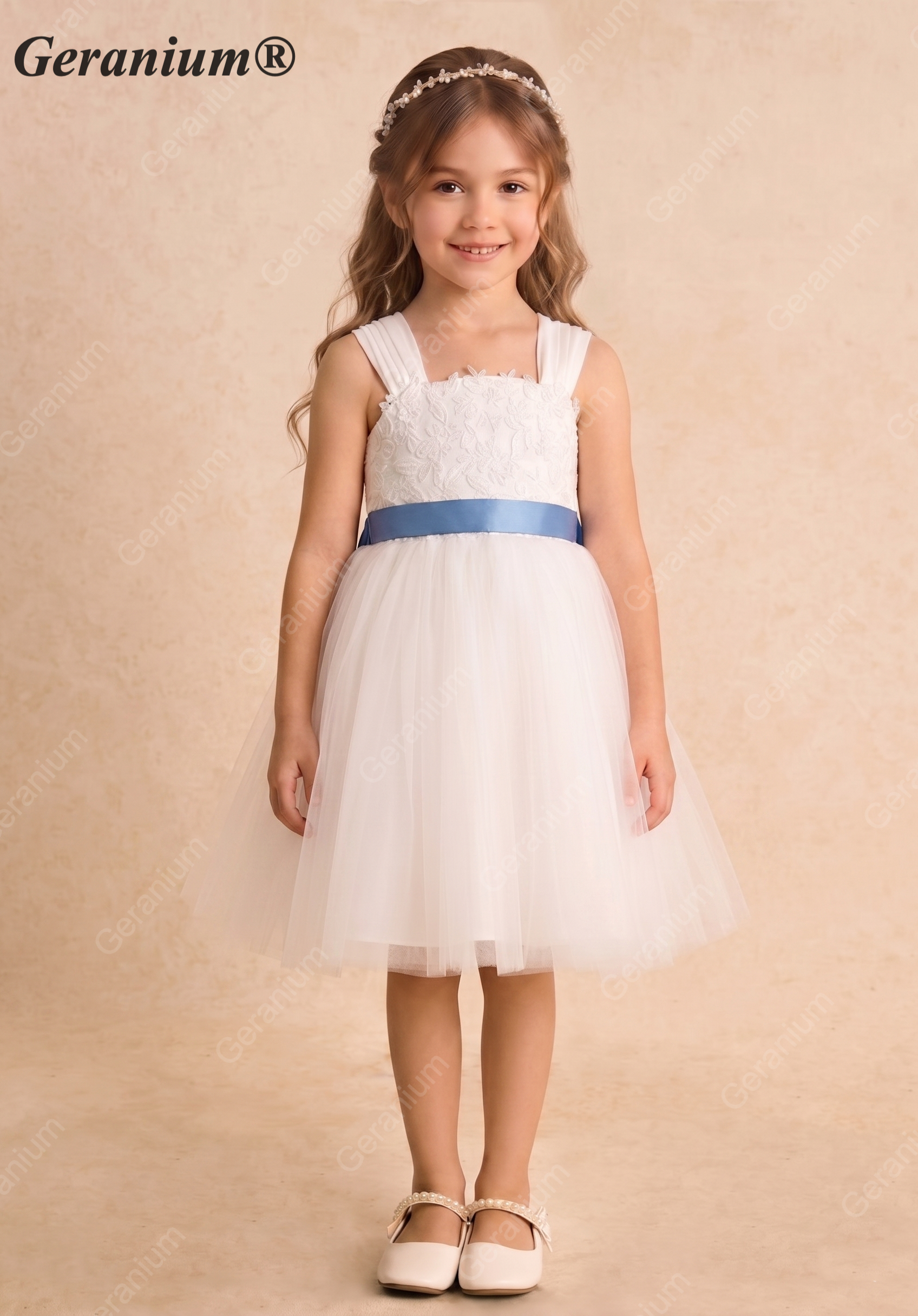 Geranium Floral Lace Tulle Flower Girl Dress with Removable Oversized Back Bow KD-281