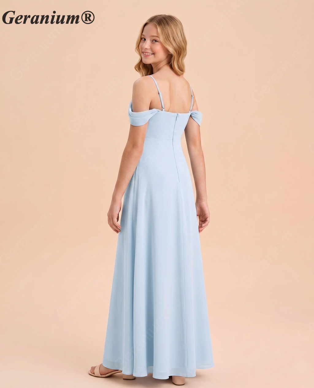 Geranium Dusty Blue Off-Shoulder Chiffon Bridesmaid Dress – A-Line Spaghetti Strap Floor-Length Elegant Formal Dress KD-167