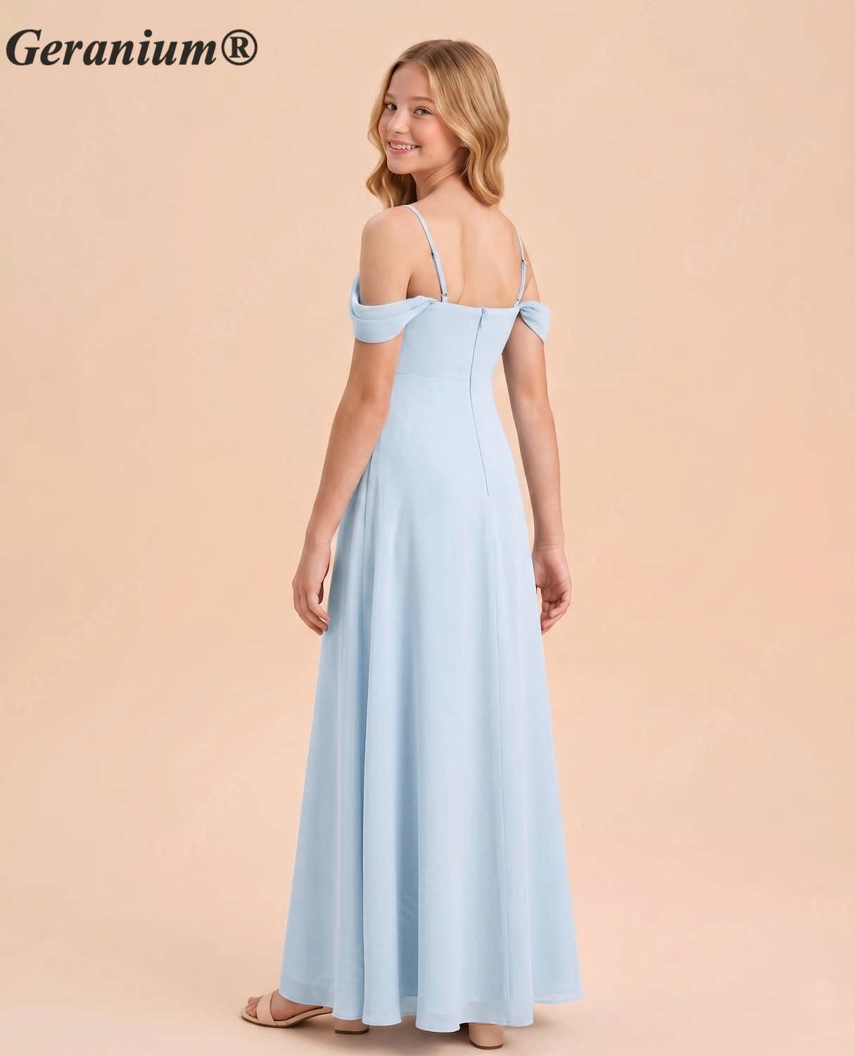 Geranium Dusty Blue Off-Shoulder Chiffon Bridesmaid Dress – A-Line Spaghetti Strap Floor-Length Elegant Formal Dress KD-167