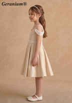 Geranium Girls' Champagne Matte Satin Cold Shoulder Flower Girl Dress with Beaded Sequin Waistband KD-250