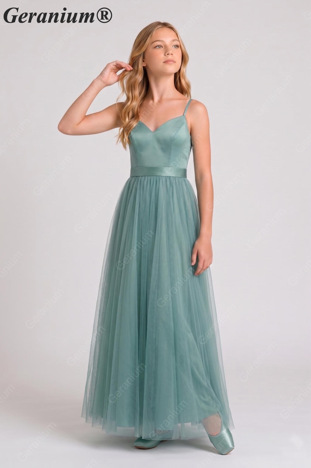 Geranium Elegant Sage Green Tulle & Satin Junior Bridesmaid Dress | V-Neck A-Line Tween Formal Gown with Cutout Back KD-328