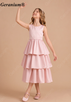 Geranium Girls Elegant Sleeveless Tiered Satin Party Dress with Big Bow KD-188J