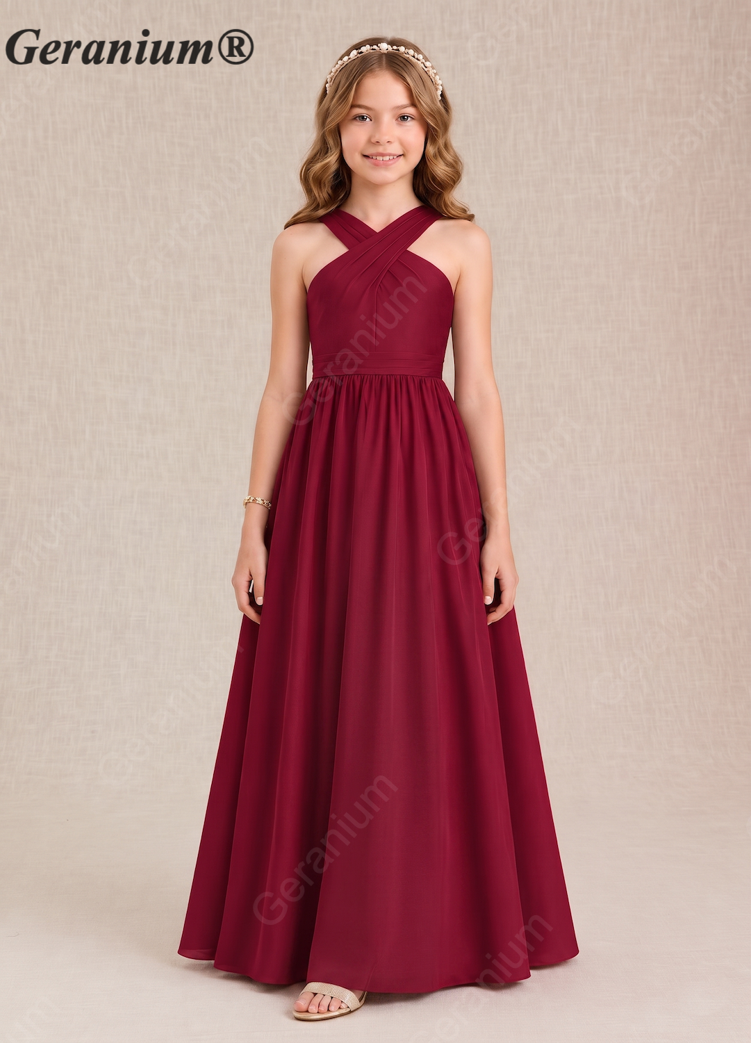 Geranium Elegant Chiffon Criss-Cross Halter Junior Bridesmaid Dress in Burgundy KD-65J Main image