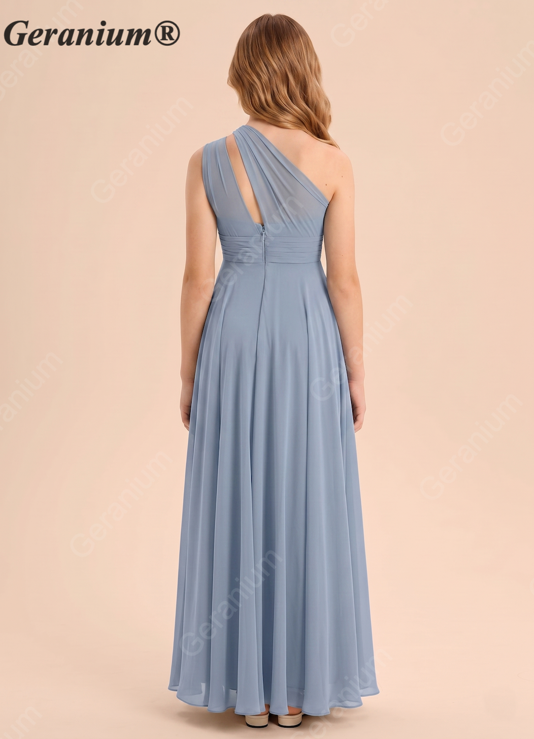 Geranium Dusty Blue One-Shoulder Chiffon Junior Bridesmaid Dress with Pleated Bodice – KD-79 Image secondaire du produit